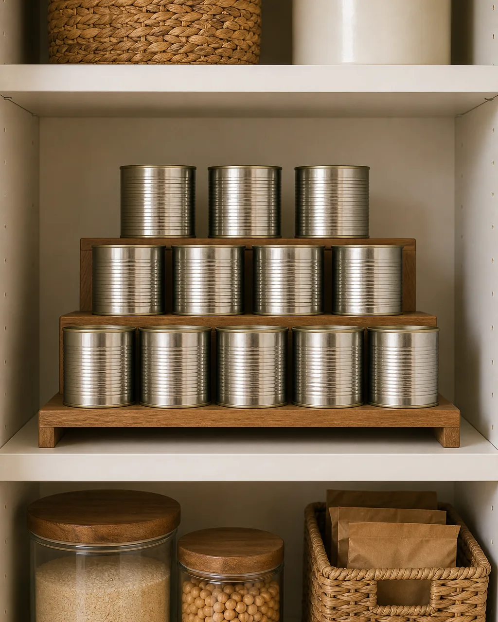 A direct front view of one warm-white pantry shelf with a three-step tiered riser placed against the back wall the riser lifting the back row of plain unbranded metal cans up one tier and another row two tiers high so each can is visible from the front