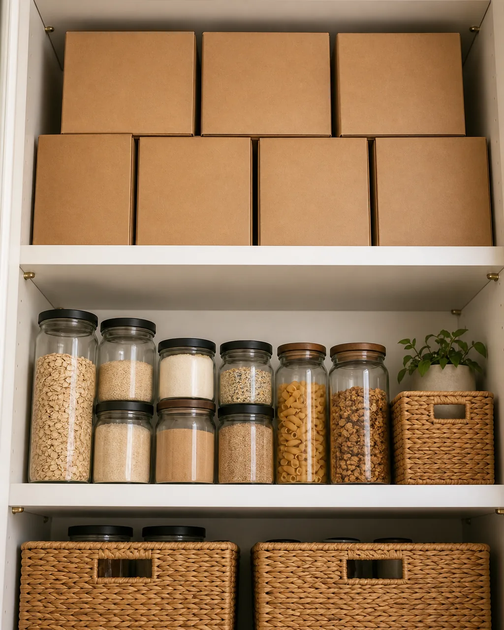 A direct front view looking up slightly at the highest pantry shelf reserved strictly for sealed plain kraft brown cardboard backstock cases stacked neatly side by side the eye-level shelf below clearly holding everyday clear glass jars and woven baskets in active reach