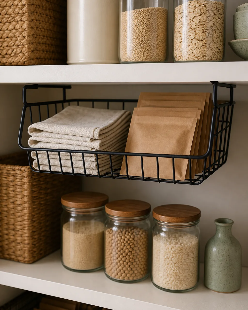 A slight overhead view of a wire under-shelf basket clipped to the bottom edge of a warm-white painted pantry shelf the basket hanging down into the air gap between two shelves and holding plain folded linen napkins and a few flat unbranded snack pouches