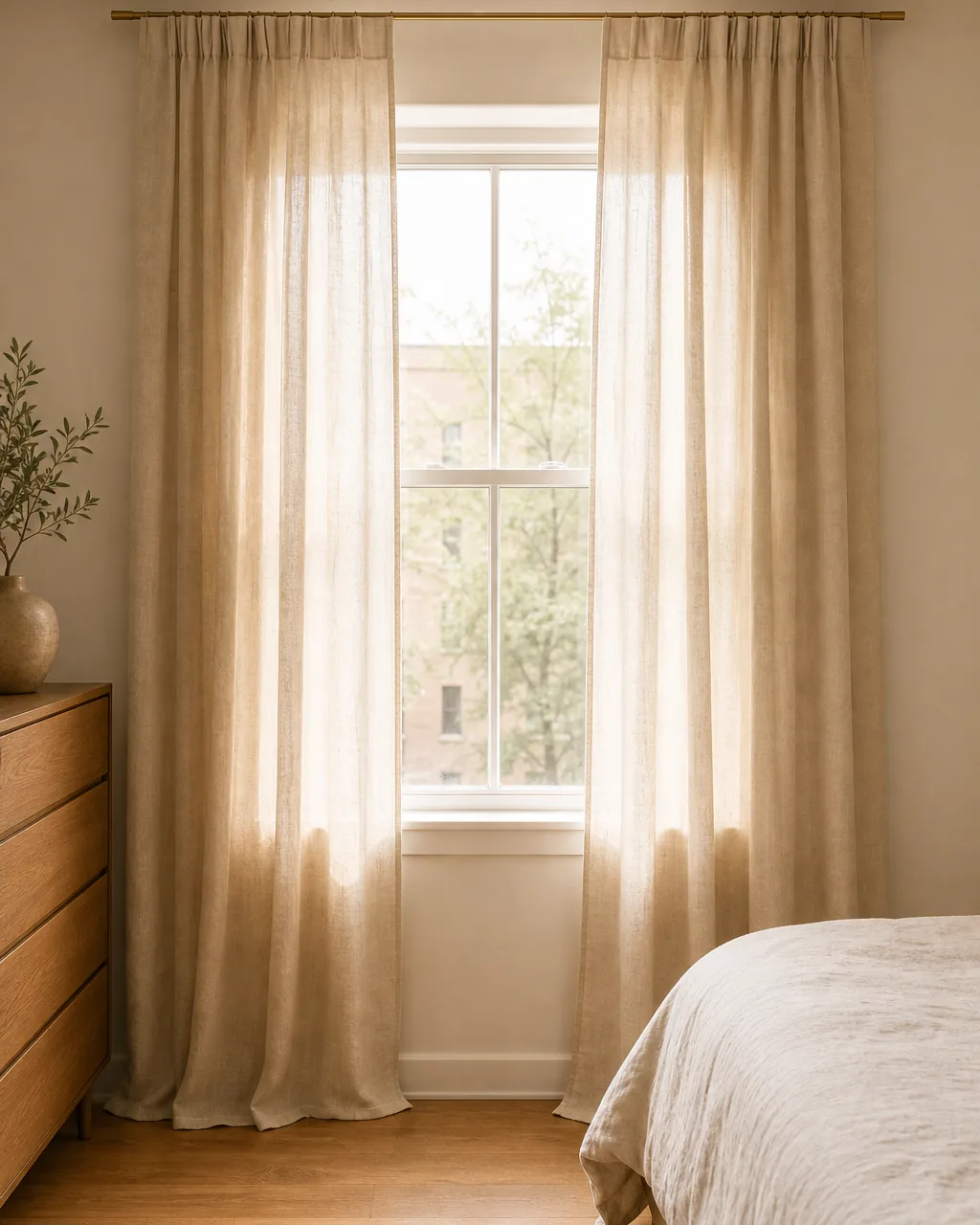 A photo for idea 5: hang curtains floor to ceiling and several inches wider than the window