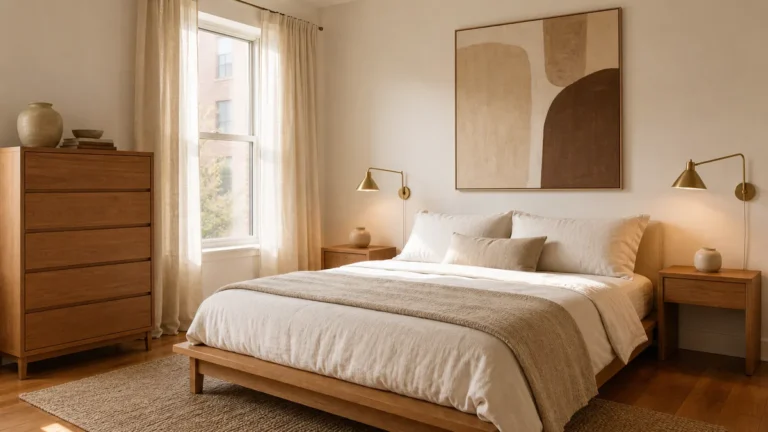 A calm warm small apartment bedroom in soft morning light — a queen bed centered on a warm white wall with one large piece of abstract cream-and-cocoa art above, cream linen sheets, one slim warm-oak nightstand each side with one wall-mounted reading light, floor-to-ceiling cream linen curtains 6 inches wider than the window, warm oak floor, a tall slim 6-drawer dresser at the foot of the bed, no clutter visible