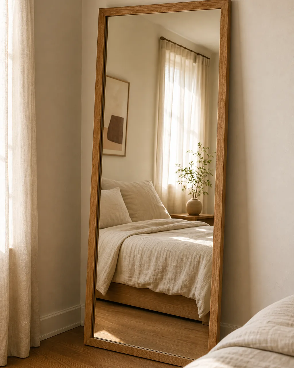 A photo for idea 10: lean one tall mirror in a corner to bounce light and stretch the floor
