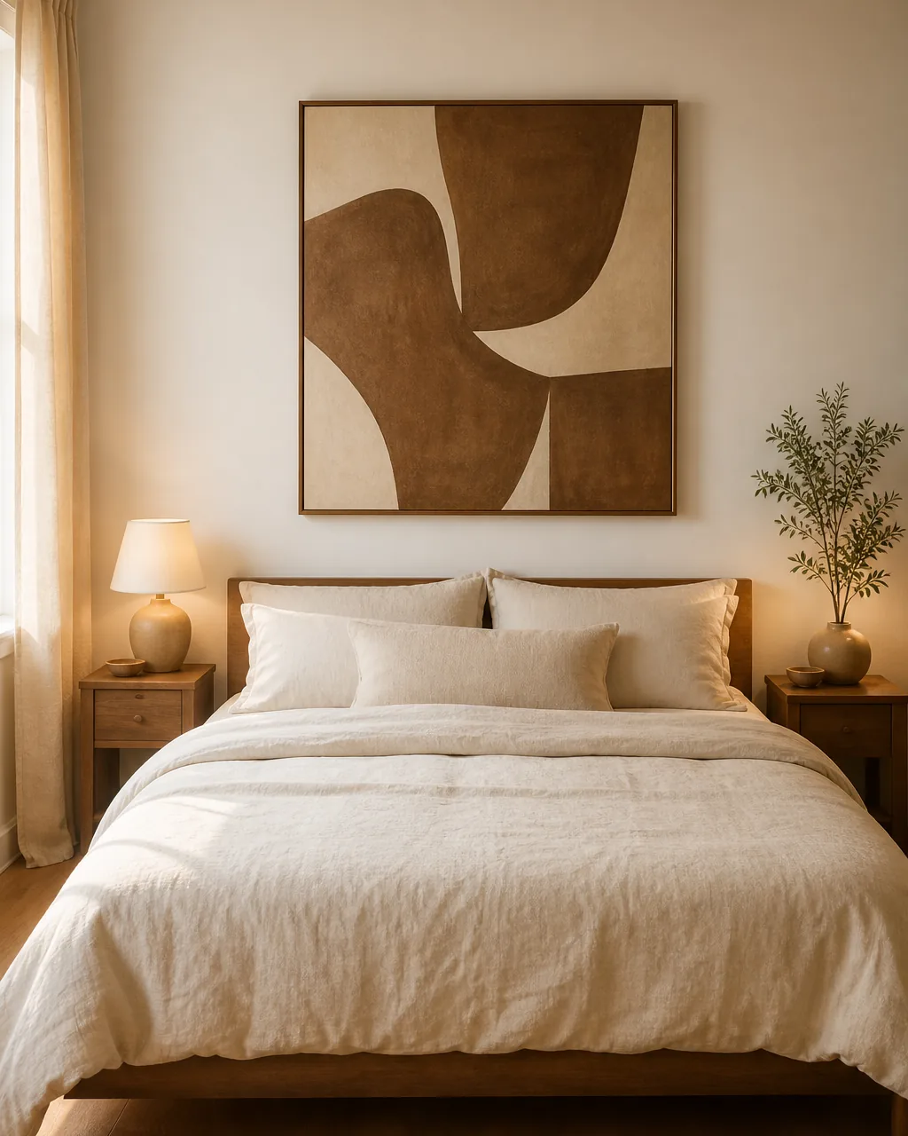 A photo for idea 3: hang one large piece of art above the bed instead of a crowded gallery