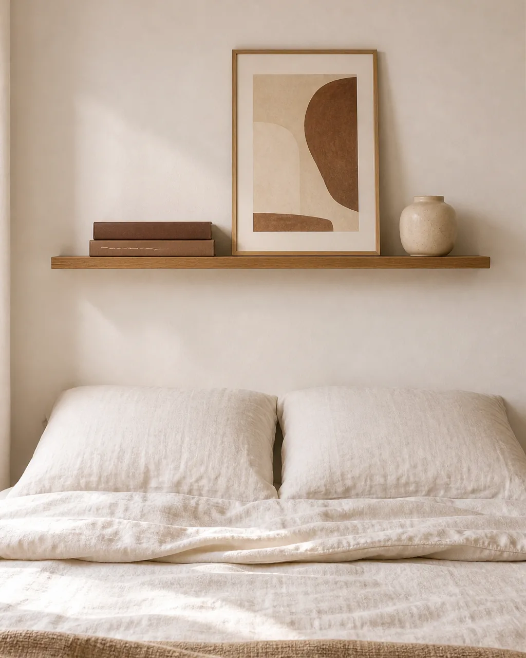 A photo for idea 8: mount a slim picture ledge above the bed instead of a bulky headboard