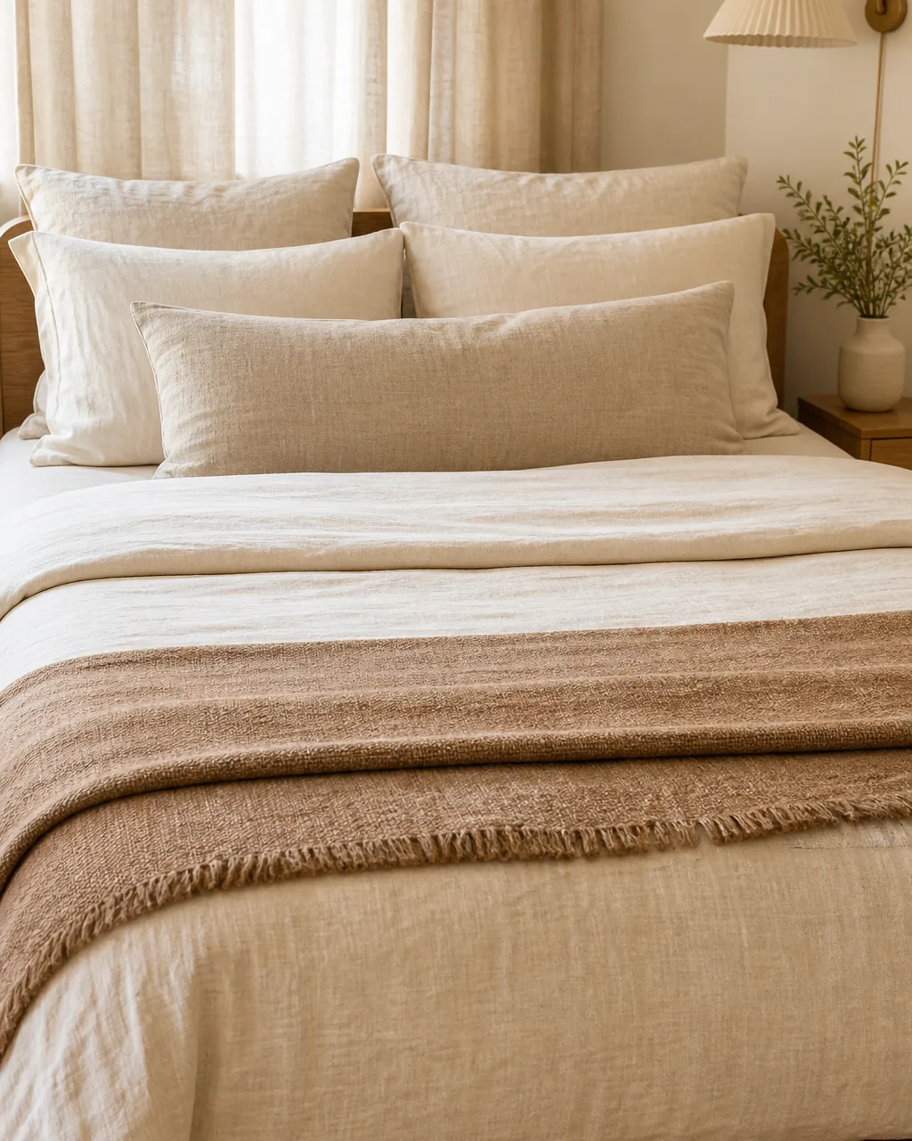 A photo for idea 4: hold sheets, pillow stack, throw, and curtain in one tonal warm-neutral family