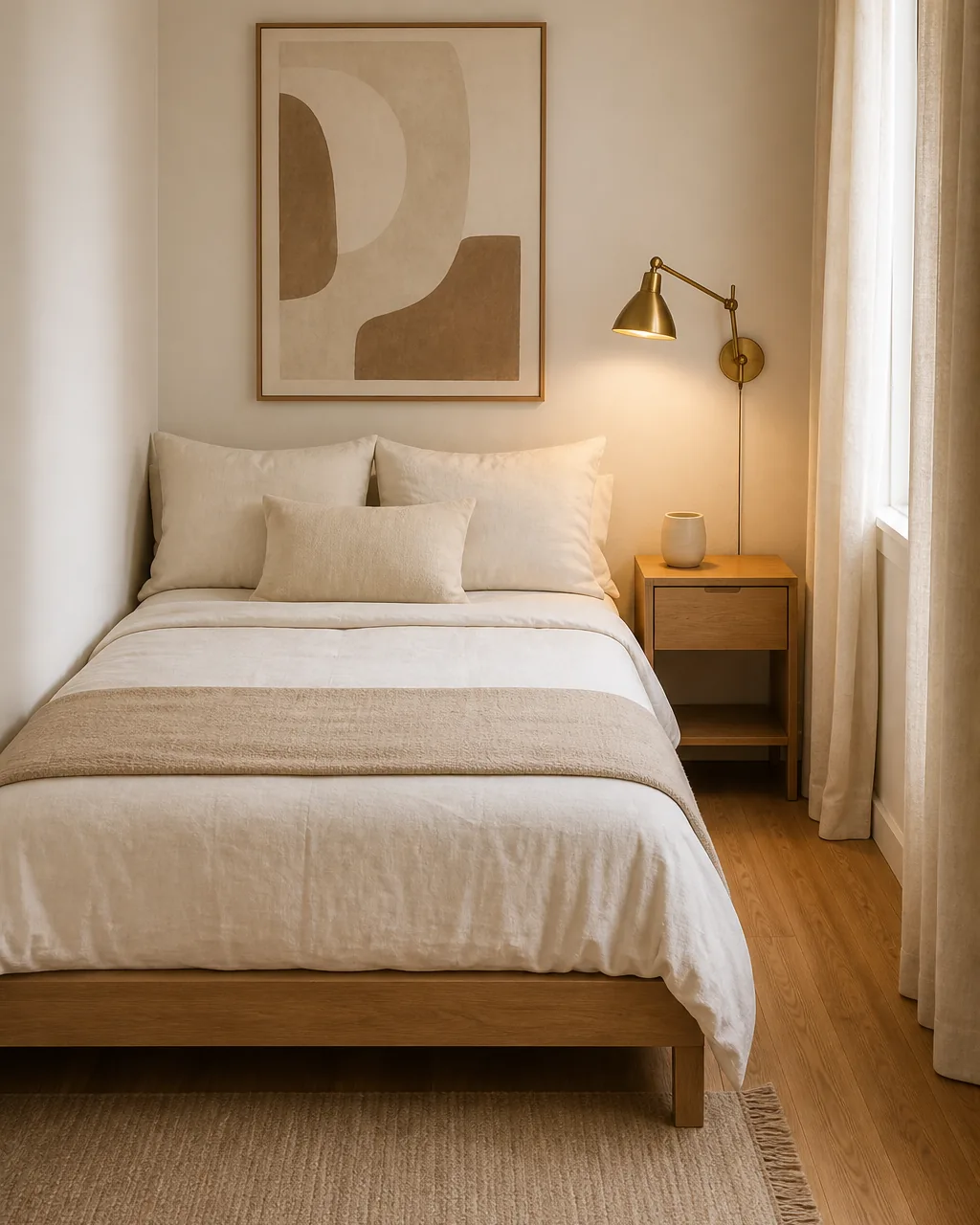 A photo for idea 2: pick one slim nightstand if a side wall touches, two if both sides clear 18 inches