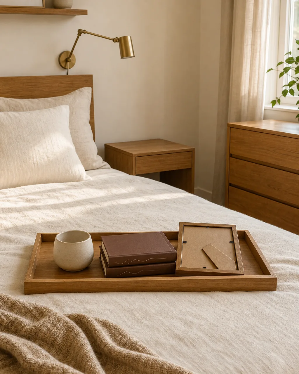 A photo for idea 12: edit three surfaces every two weeks — nightstand, dresser top, trunk top