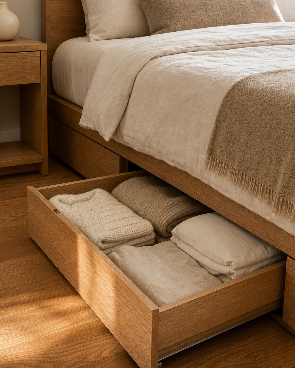 A photo for idea 6: use built-in under-bed drawers, never plastic bins you have to lift the mattress for