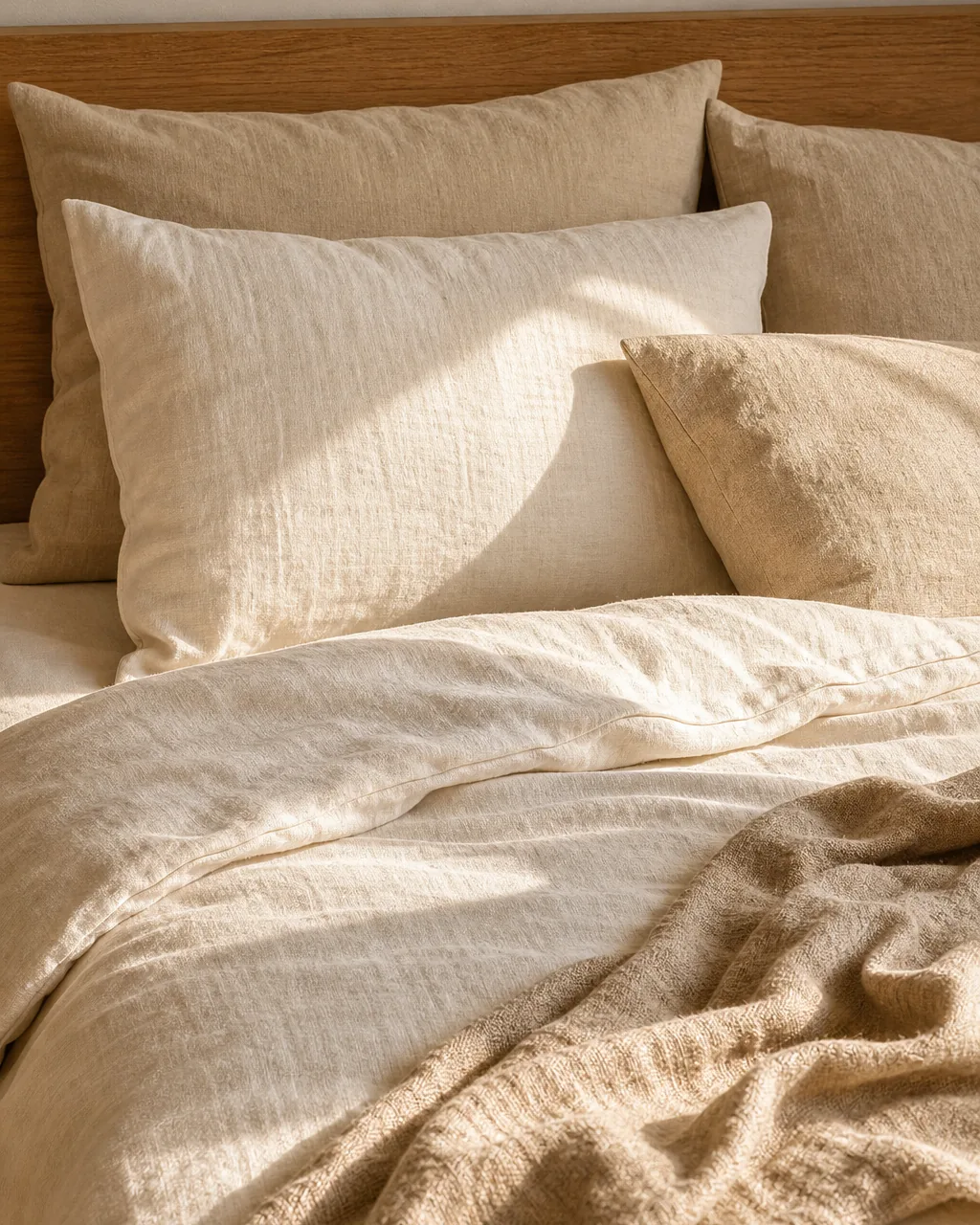 A photo for idea 11: keep the linens warm, not cool — small rooms read calmer in cream and oat than gray