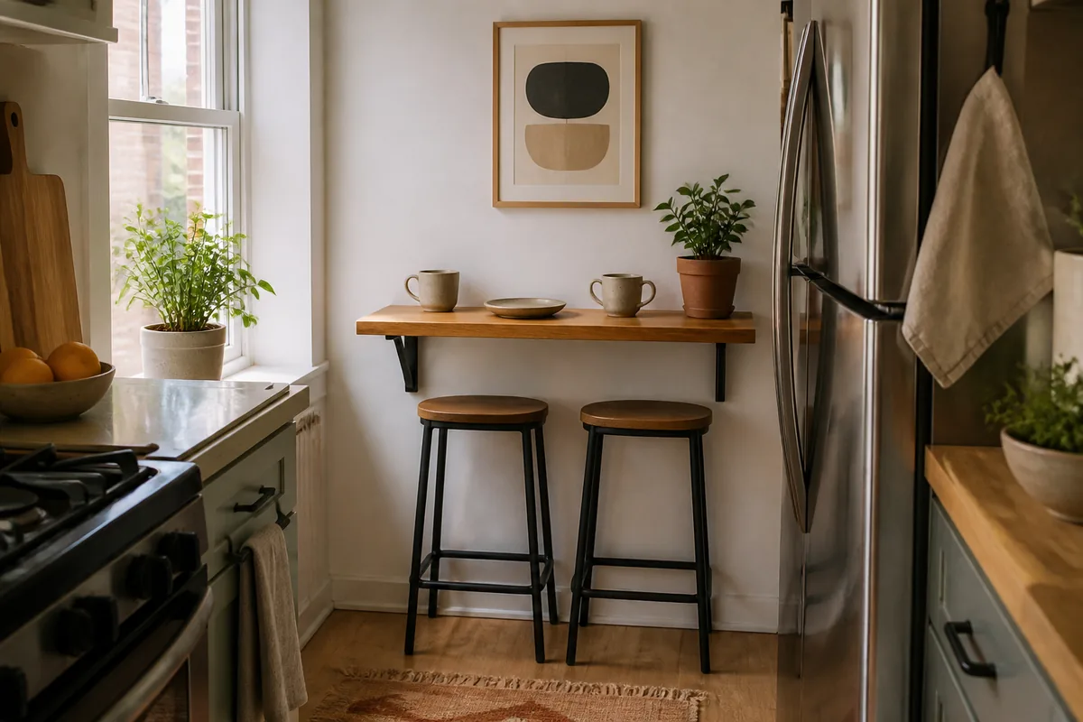 A slim wall-mounted wood ledge with two backless stools tucked underneath at the end wall of a small kitchen, two ceramic coffee cups on top