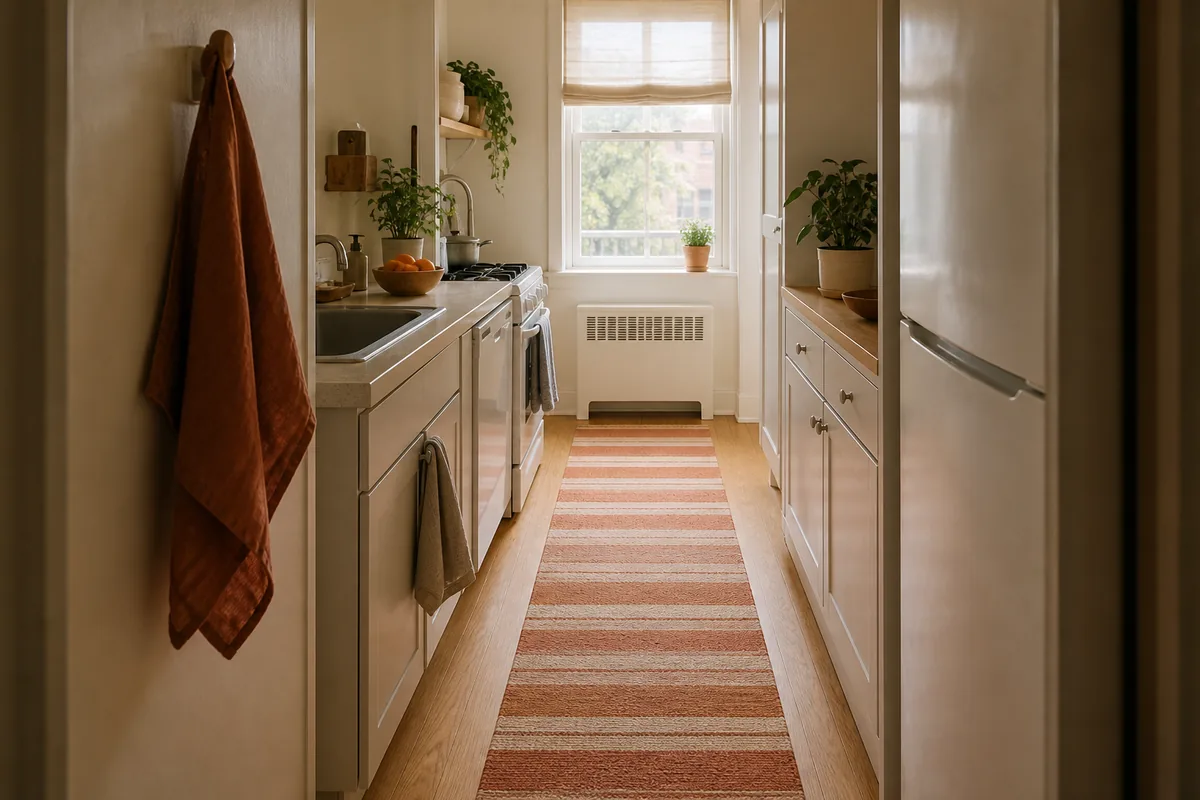 A long flat-weave runner in soft rust and cream stripes stretching down the floor of a narrow galley kitchen toward a bright window at the far end