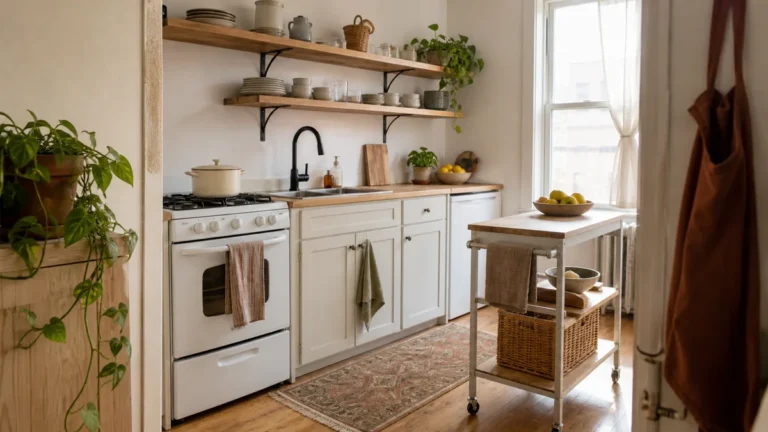 A bright tiny one-wall apartment kitchen with open wood shelves above the counter, a slim rolling cart parked as an island, pale walls bouncing daylight from one window, and a long runner on the floor