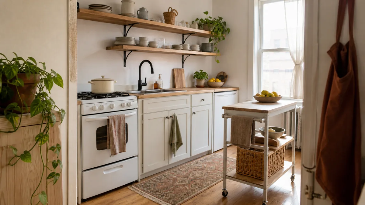 A bright tiny one-wall apartment kitchen with open wood shelves above the counter, a slim rolling cart parked as an island, pale walls bouncing daylight from one window, and a long runner on the floor