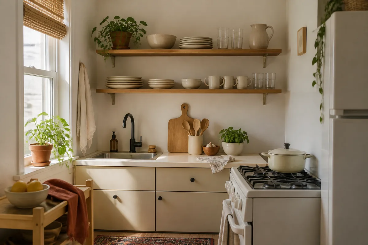 Two open wood shelves on a small kitchen wall holding plain everyday plates, glasses, and ceramic mugs, the wall behind them visible so the space reads airy