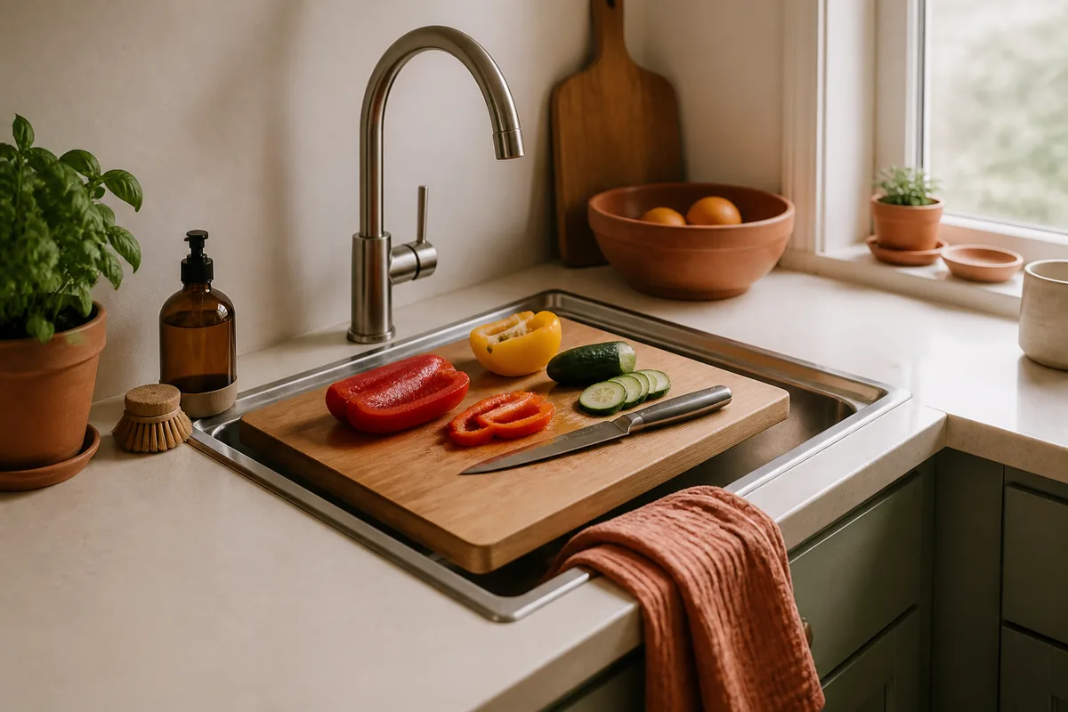 A wooden over-the-sink cutting board bridging a small kitchen sink with sliced produce and a knife resting on it, the short counter beside the sink left clear