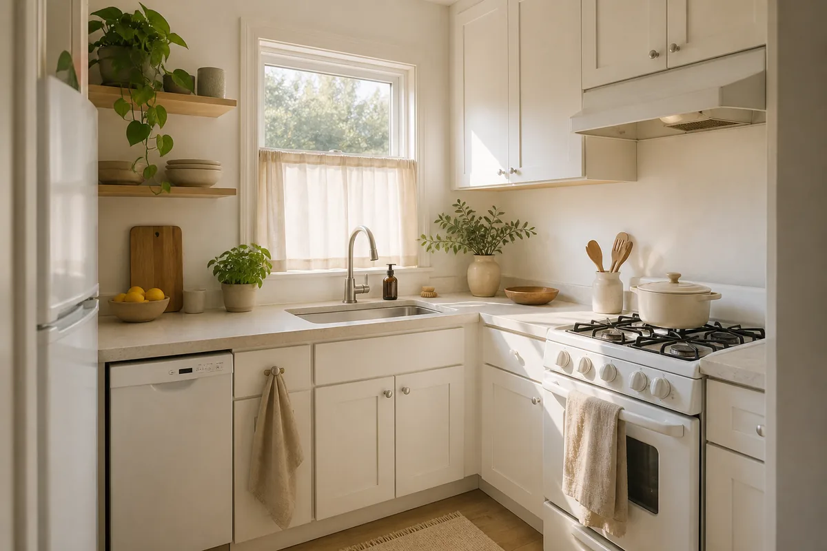 A small corner kitchen in warm whites and cream with pale walls, light counters, and a cream cafe curtain, daylight bouncing around the room