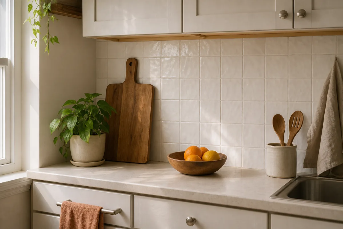 A peel-and-stick backsplash of soft white handmade-look square tiles behind one counter section of a rental kitchen, with a wooden board and a small plant styled in front