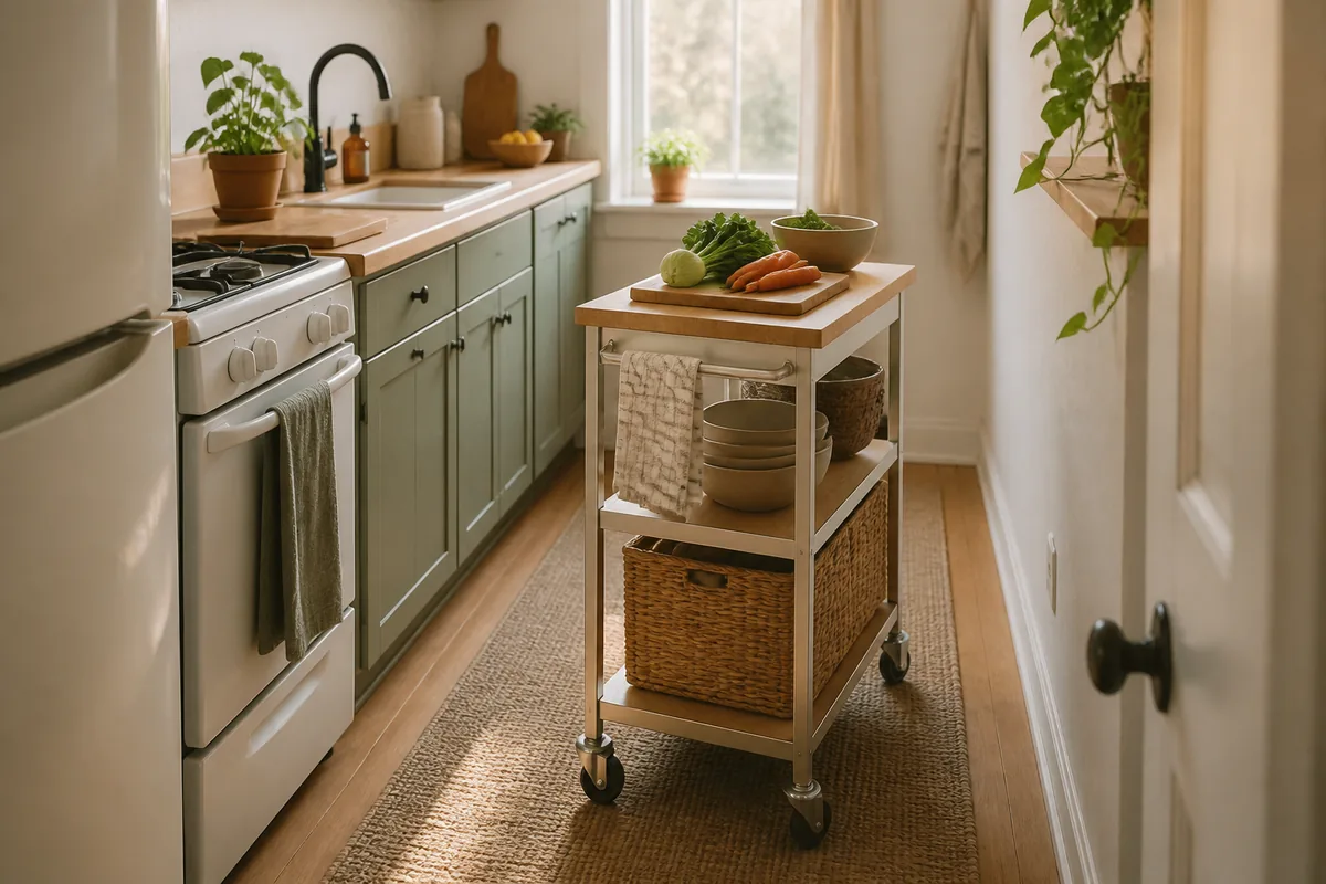 A slim butcher-block rolling cart parked in the middle of a narrow galley kitchen as a prep island, with a cutting board and fresh vegetables on top and baskets on the shelf below