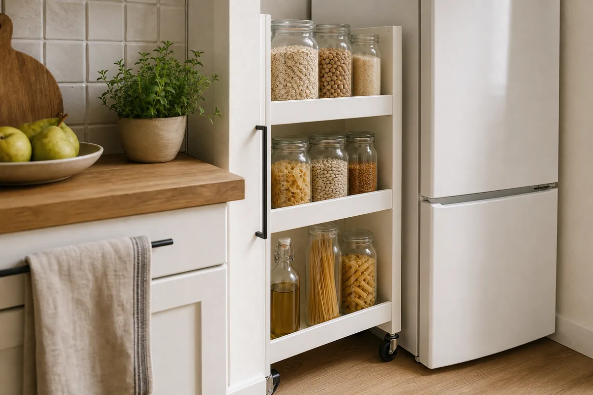 A slim white rolling pantry shelf pulled halfway out of the narrow gap between the refrigerator and the wall, its shelves holding label-free glass jars and bottles