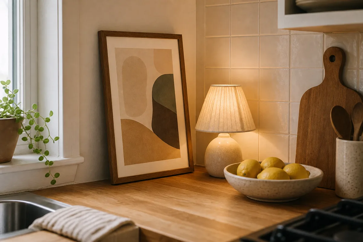 A small framed abstract print propped at the corner of a tiny kitchen counter beside a small warm table lamp and a ceramic bowl of lemons