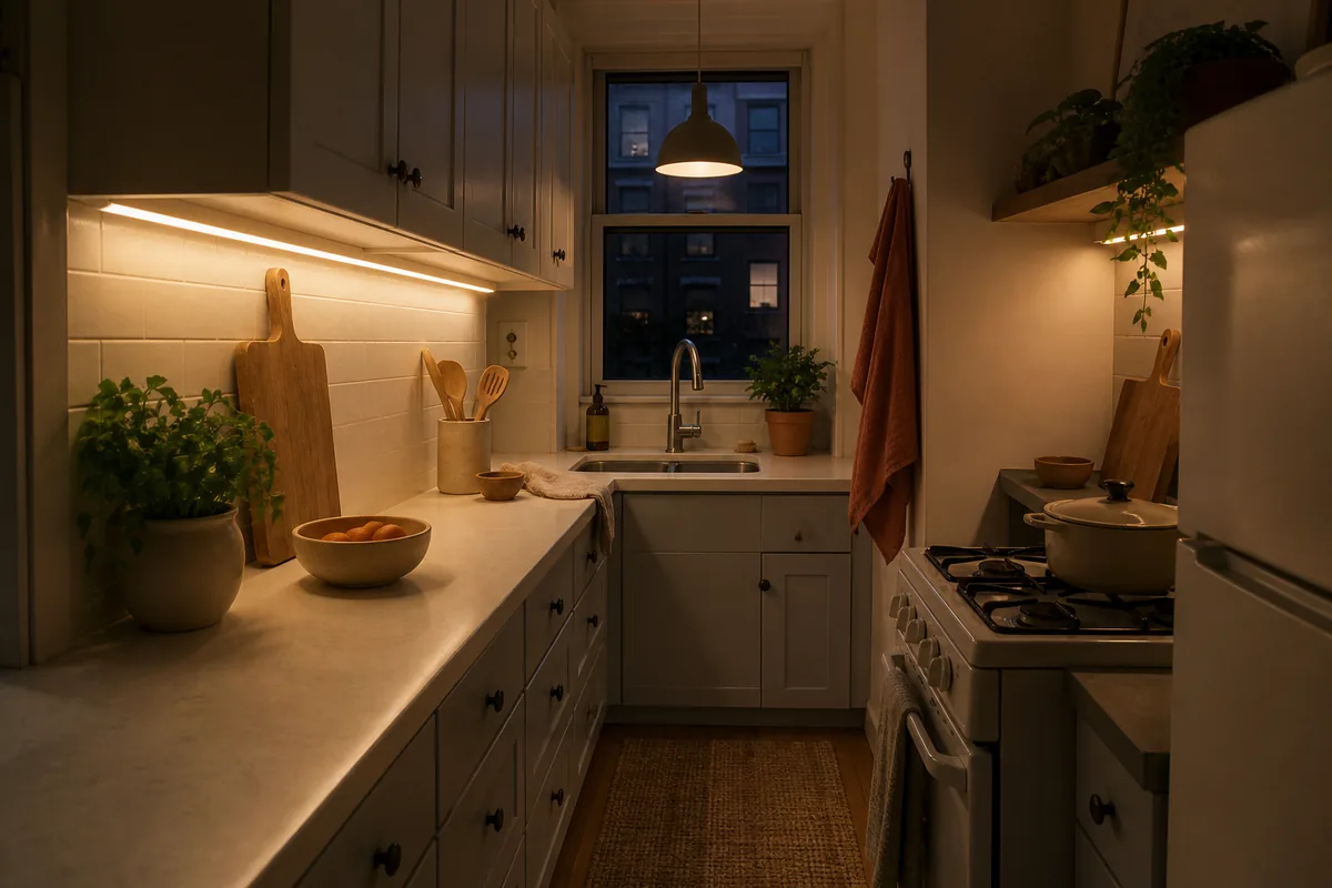 A small galley kitchen at dusk lit by warm under-cabinet light strips washing the counters and a plug-in pendant glowing over the sink