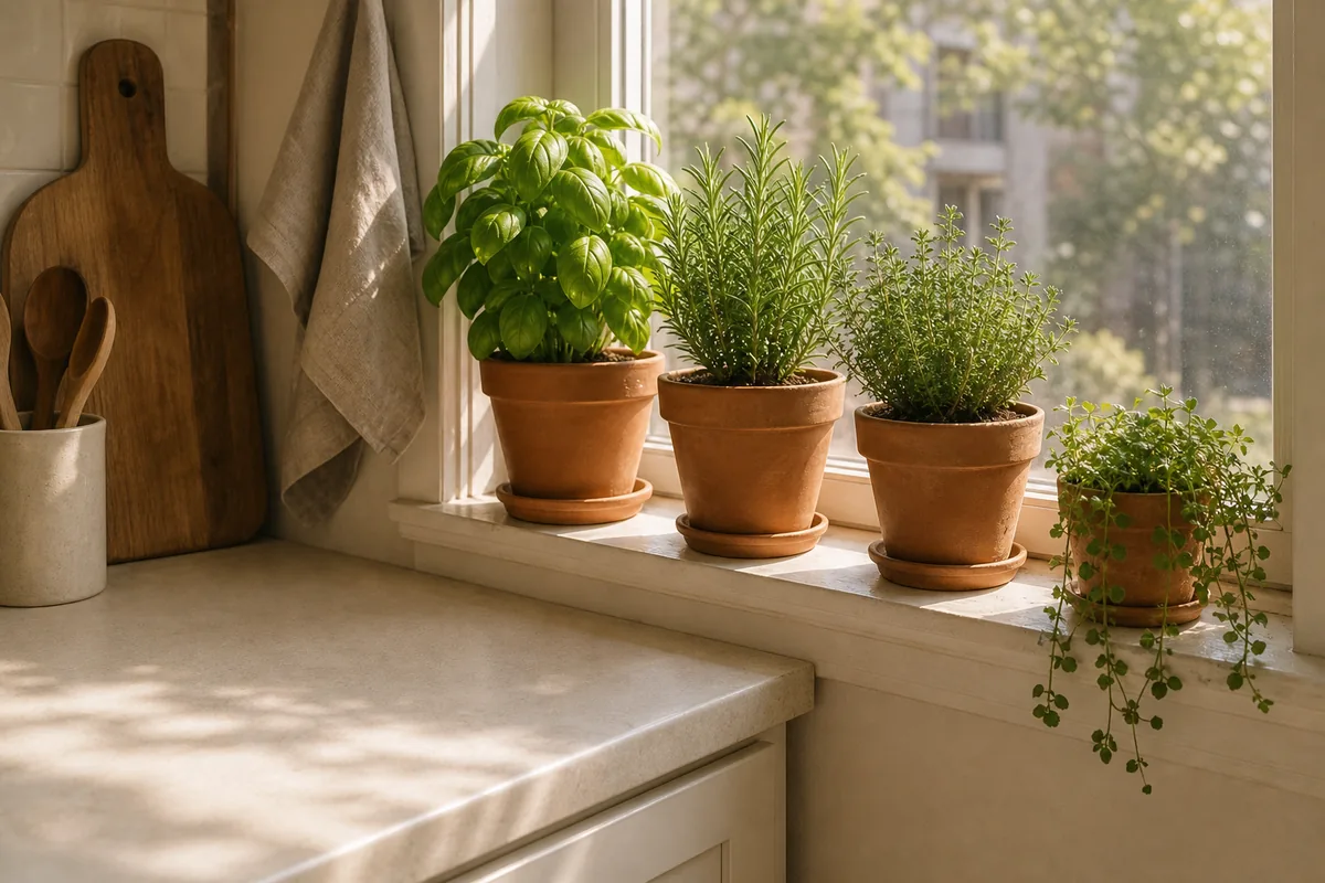 A sunny small kitchen windowsill lined with potted herbs in plain terracotta pots and one small trailing plant, the counter below left clear