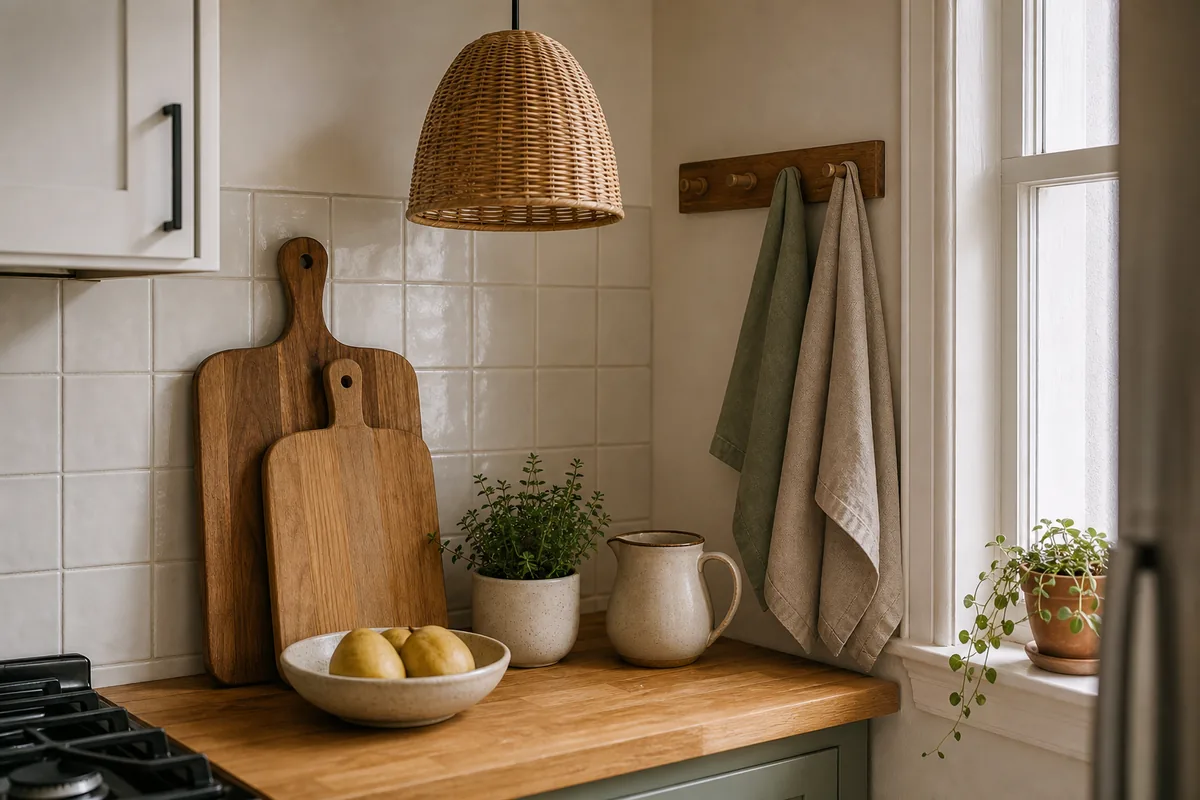 A small kitchen corner with wooden cutting boards leaning against the backsplash, a woven rattan pendant overhead, and linen towels hanging from a hook rail