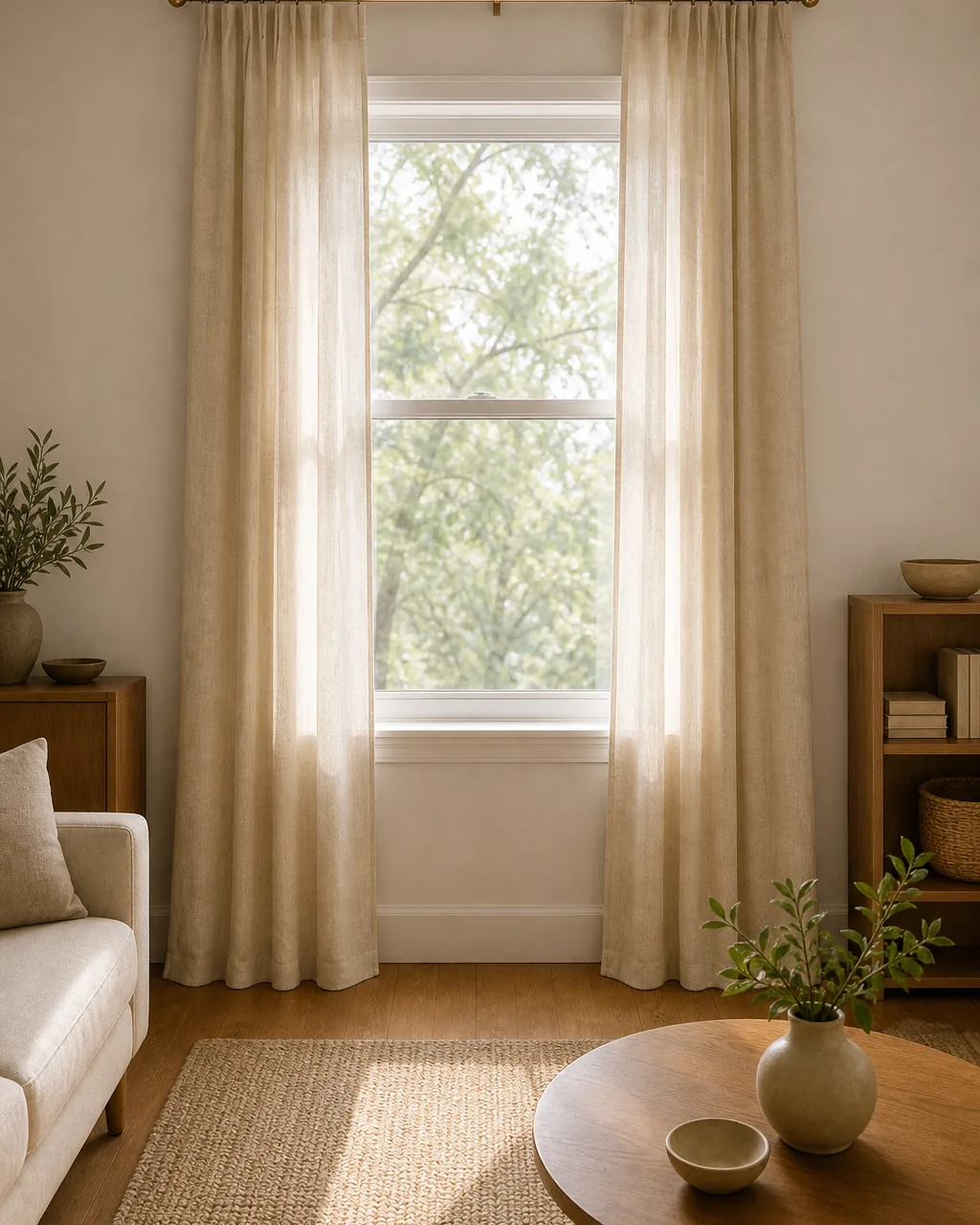 A direct front view of a small apartment living room window where a single warm-cream linen curtain panel is hung from a slim brushed-brass rod mounted just below the ceiling line clearly above the window frame top by 8 to 12 inches and extending about 10 inches past the window frame on each side the curtain falling all the way to the warm-oak floor
