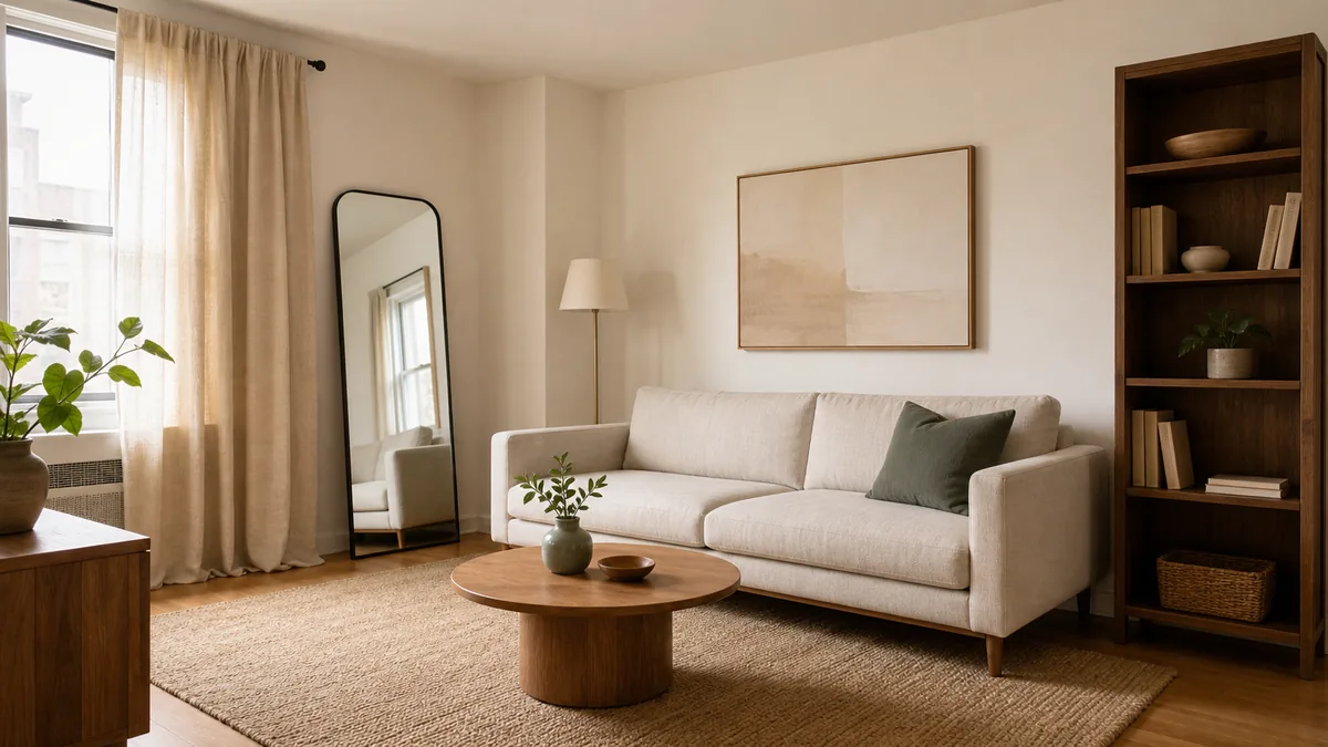 A wide editorial hero of a warm calm US small apartment LIVING ROOM showing a complete rental-grade setup: a low-profile warm-cream linen track-arm sofa pulled about 5 inches off a warm-white back wall, a slim warm-oak round pedestal coffee table in front, a single tall floor mirror leaned against an adjacent wall doubling the visible daylight from a real apartment window off-frame left, ceiling-to-floor warm-cream linen curtains hung wider than a single window, one large warm-tone area rug under all furniture legs, a narrow tall warm-walnut bookcase as a vertical anchor at far right, all pieces on visible raised legs so the warm-oak floor shows through under everything, the room reads compact but breathing and tall, soft daylight, no clutter, no recipe cards, no TV in this hero shot. No labels, no logos, no readable text anywhere.
