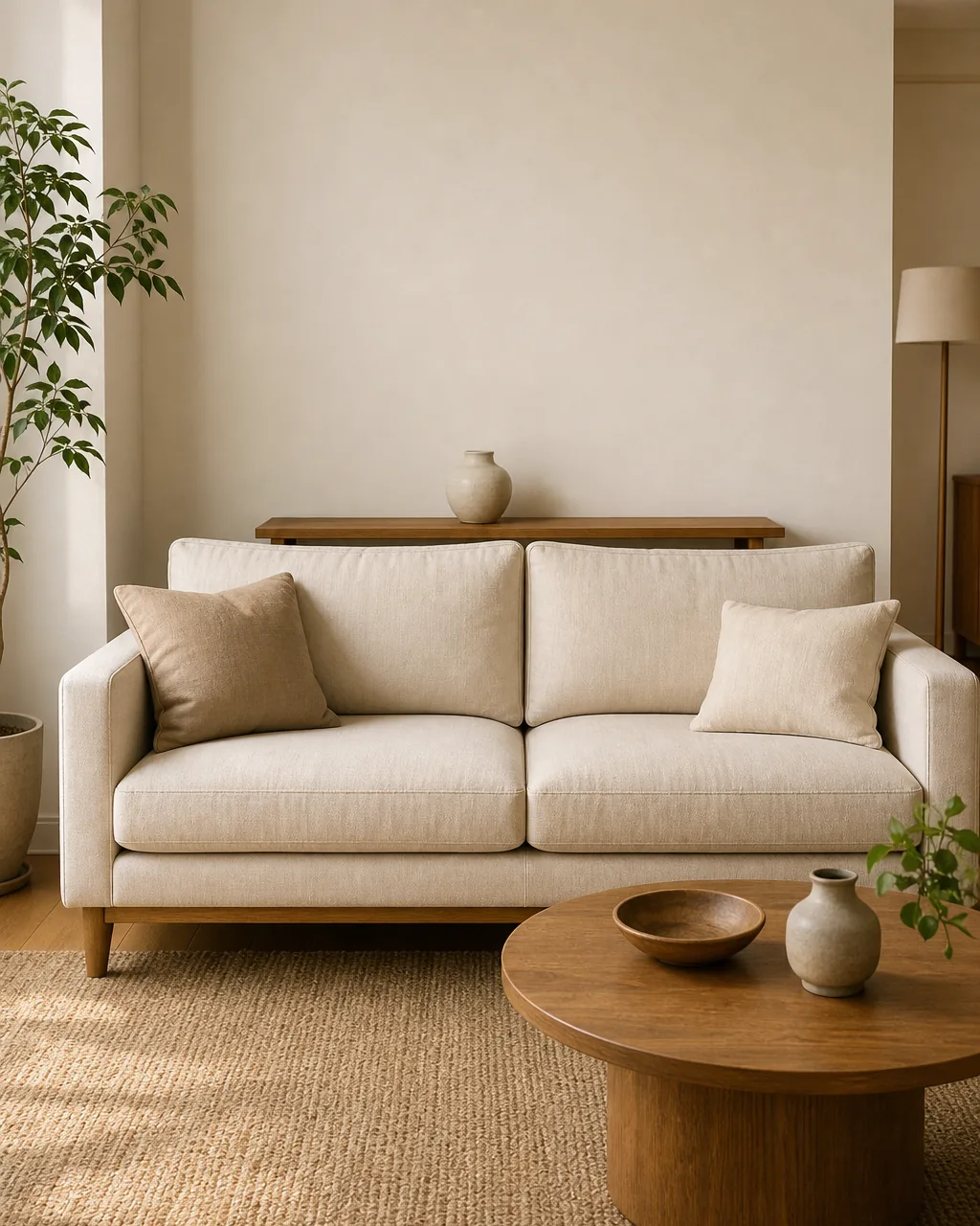 A vertical front view of a warm-cream linen low-profile track-arm sofa pulled clearly 4-6 inches off a warm-white back wall in a small apartment living room the visible gap of empty air between the sofa back and the wall obvious a single slim warm-oak console barely visible behind in that gap holding only one small ceramic vase warm-oak floor soft daylight from a real apartment window