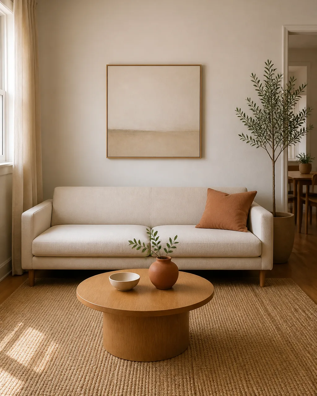 A direct front view of a small apartment living room featuring a low-profile track-arm warm-cream linen sofa with narrow flat arms and a low straight back clearly under chest height when standing beside it placed against a warm-white wall the visual lightness and low ceiling-line of the sofa obvious warm-oak floor soft daylight