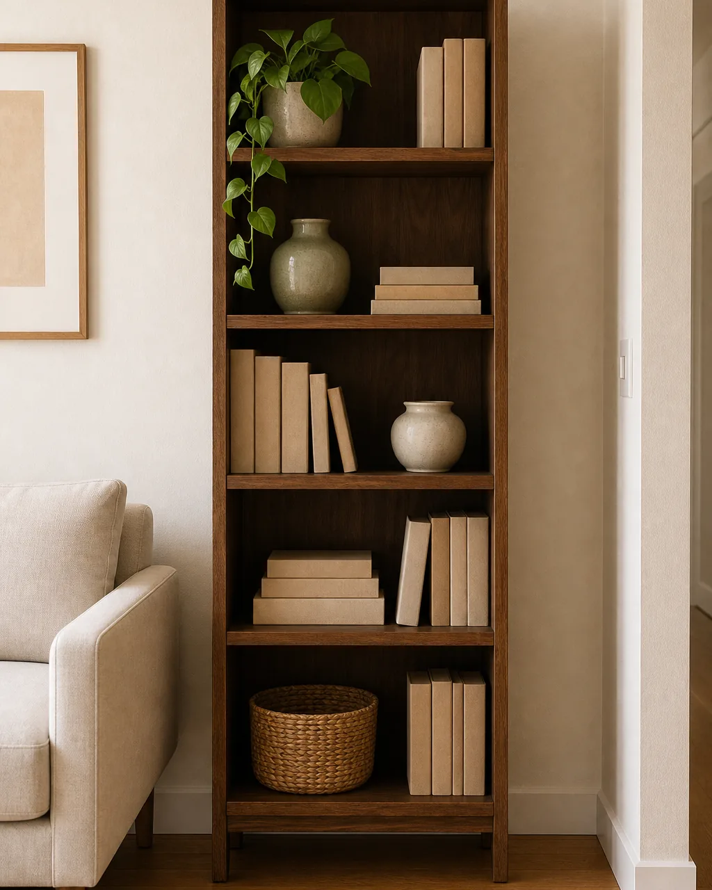 A direct front view of a narrow tall warm-walnut open bookcase about 24 inches wide 78 inches tall 5 shelves standing against a warm-white wall in a small apartment living room the visible vertical-reach strategy obvious the bookcase holding a curated mix of plain blank-spine books arranged horizontally and vertically two small ceramic vessels one woven seagrass basket and one trailing pothos plant