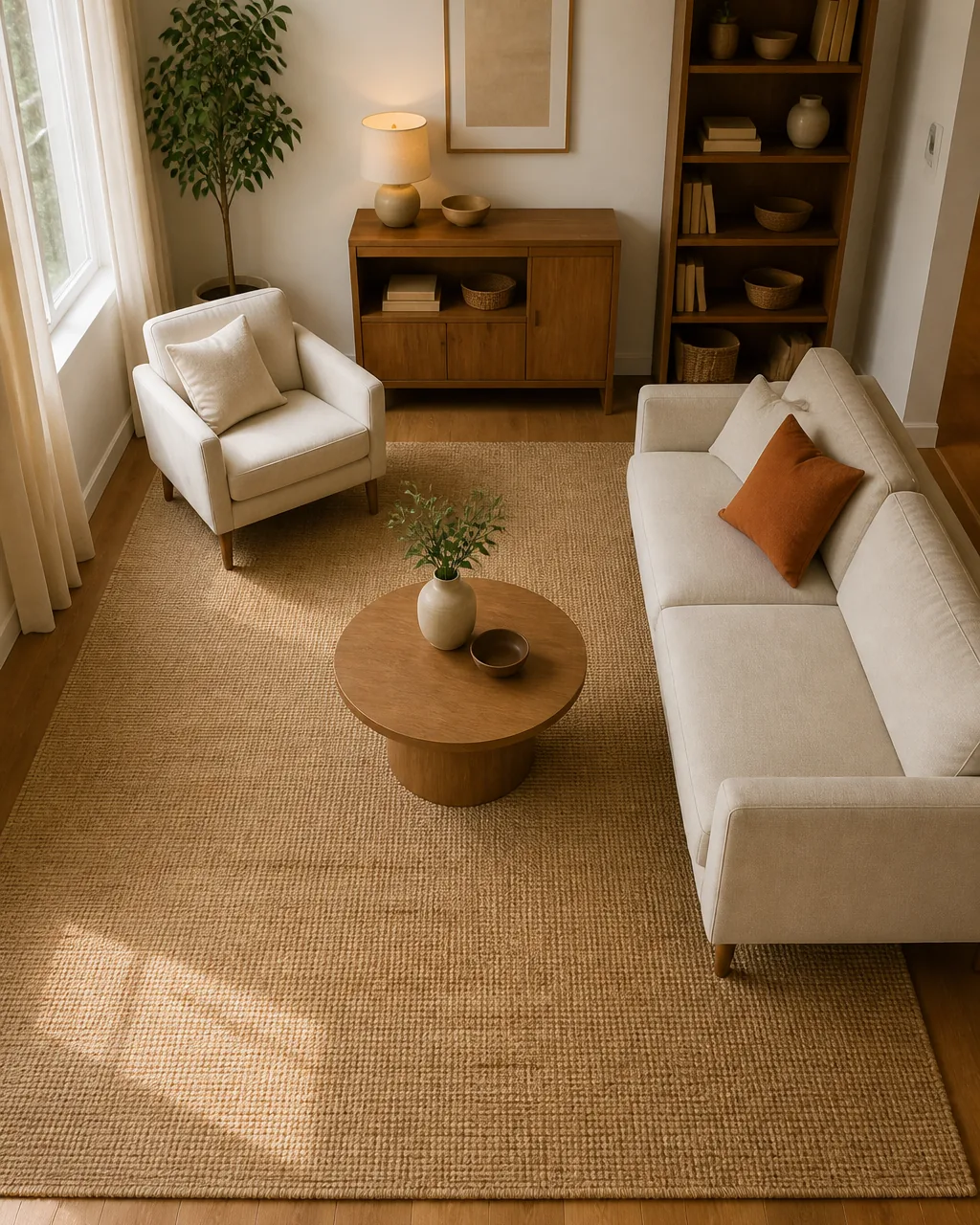 A wide overhead-angle view of a small apartment living room showing one single large warm-tone neutral area rug about 8 by 10 feet anchoring the whole seating zone every furniture leg sofa armchair coffee table sitting clearly on the rug with several inches of rug visible beyond each piece warm-oak floor showing beyond the rug edge