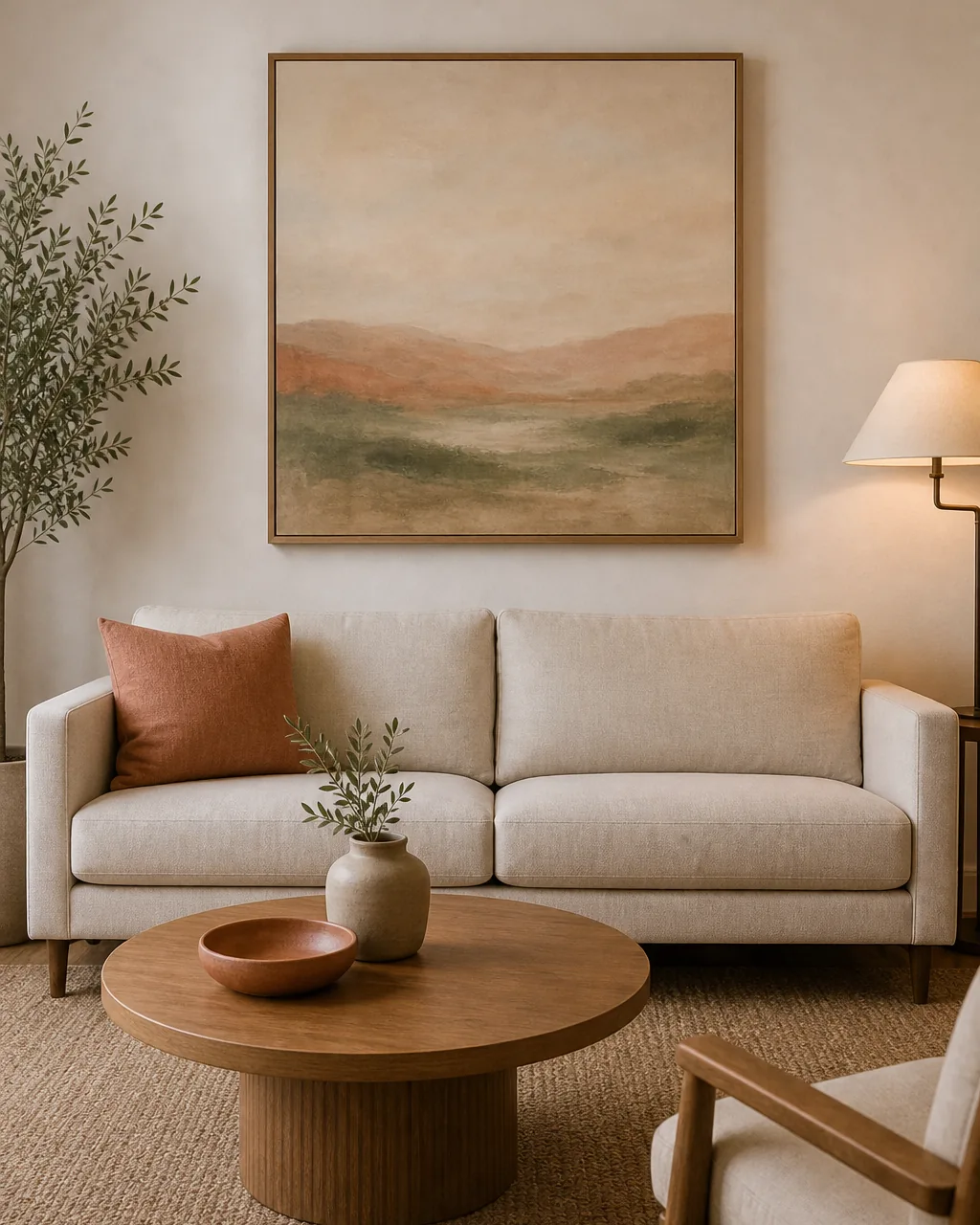 A direct front view of a warm-white wall in a small apartment living room with one single oversized framed art piece about 36 by 48 inches simple warm-oak frame abstract warm-tone landscape painting in muted clay and sage tones with no visible signature or text hung centered above a warm-cream linen sofa the visible single-statement-piece strategy obvious not a gallery wall of small frames