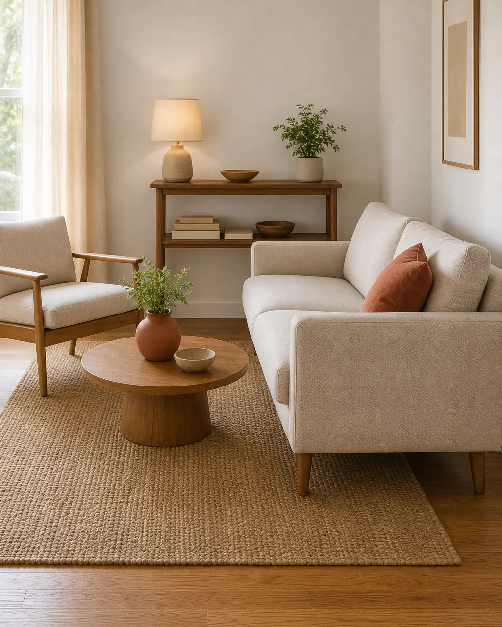 A medium-distance side view of a small apartment living room showing a warm-cream linen sofa a warm-oak armchair and a slim warm-walnut console all three pieces on clearly visible raised legs about 6 inches tall so a continuous visible band of warm-oak floor air shows underneath each piece the visible floor-air pass-through obvious
