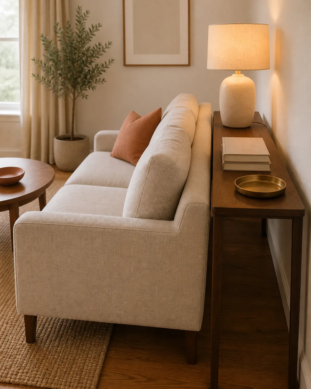 A medium-distance side view of a small apartment living room showing a warm-cream linen sofa with a slim warm-walnut console table about 10 inches deep sofa-back height slipped right behind the sofa back the console holding a single warm-cream ceramic table lamp with a linen drum shade currently lit a small stack of two plain blank-cover hardcover books and a small brushed-brass tray