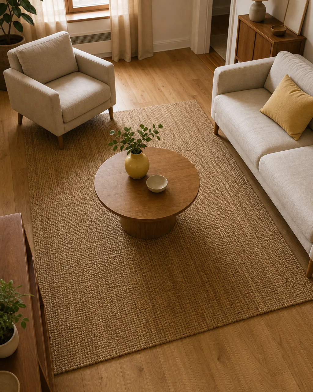 A wide overhead-angle view of a small apartment living room showing a single slim warm-oak round pedestal coffee table about 28 inches diameter with a single center column foot in the open path between a warm-cream linen sofa and a warm-cream armchair the visible walking path flowing around the round table edge without a sharp corner blocking