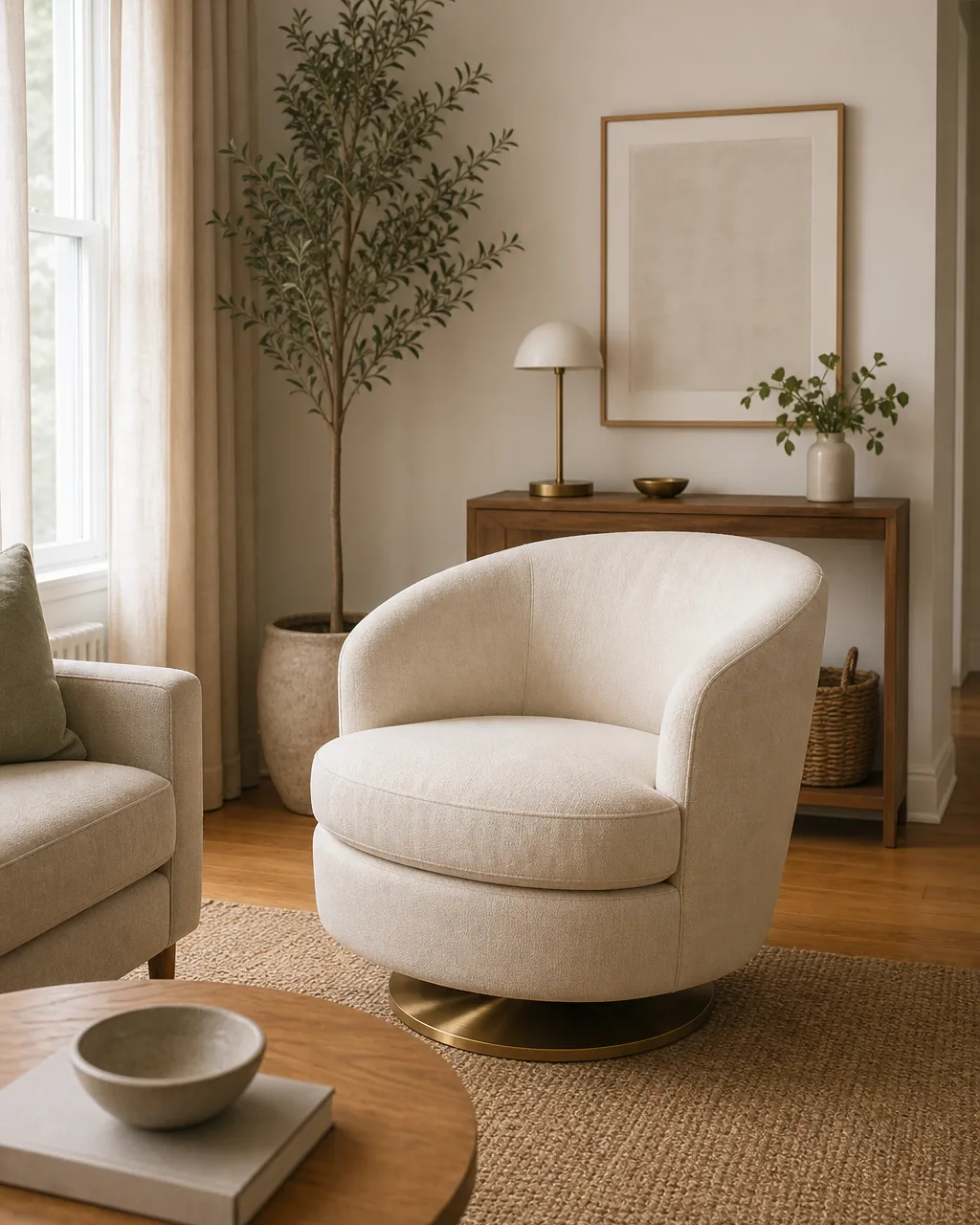 A medium-distance front view of a small apartment living room corner showing one single small swivel accent chair warm-cream upholstery on a slim brushed-brass swivel base a simple modern barrel-back swivel placed where a second sofa would otherwise go the visible swivel base mechanism obvious the chair currently angled slightly toward the camera as if mid-rotation between facing the TV wall and facing a dining area