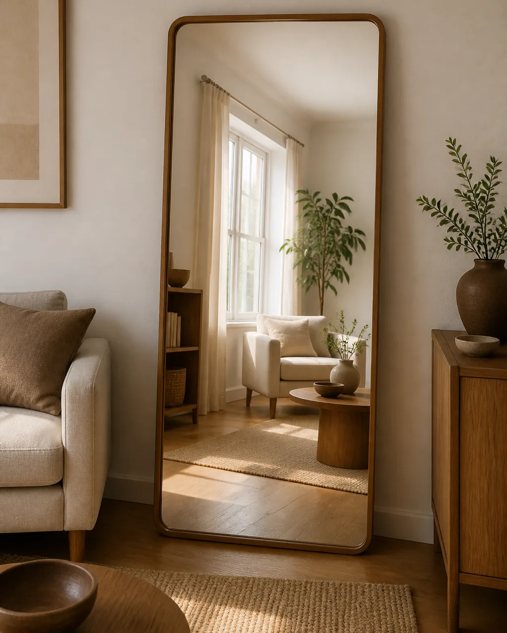 A direct front view of a single tall warm-oak full-length floor mirror about 65 inches tall leaned against a warm-white wall in a small apartment living room the mirror surface reflecting the warm afternoon daylight pouring in from a real apartment window on the opposite wall the visible doubling of the daylight visible inside the mirror obvious