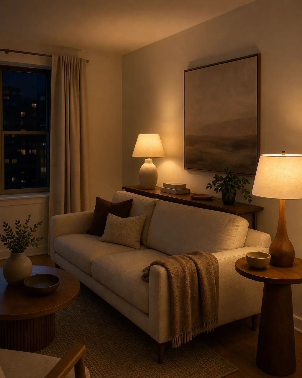 A medium-distance evening view of a small apartment living room corner showing two warm table lamps turned on one slim warm-cream ceramic lamp with a linen drum shade on a console behind the sofa and a second warm-walnut wood lamp with a linen shade on a slim side table beside the sofa both casting a warm pool of light the warm-white ceiling overhead clearly dark and untouched the overhead fixture clearly off