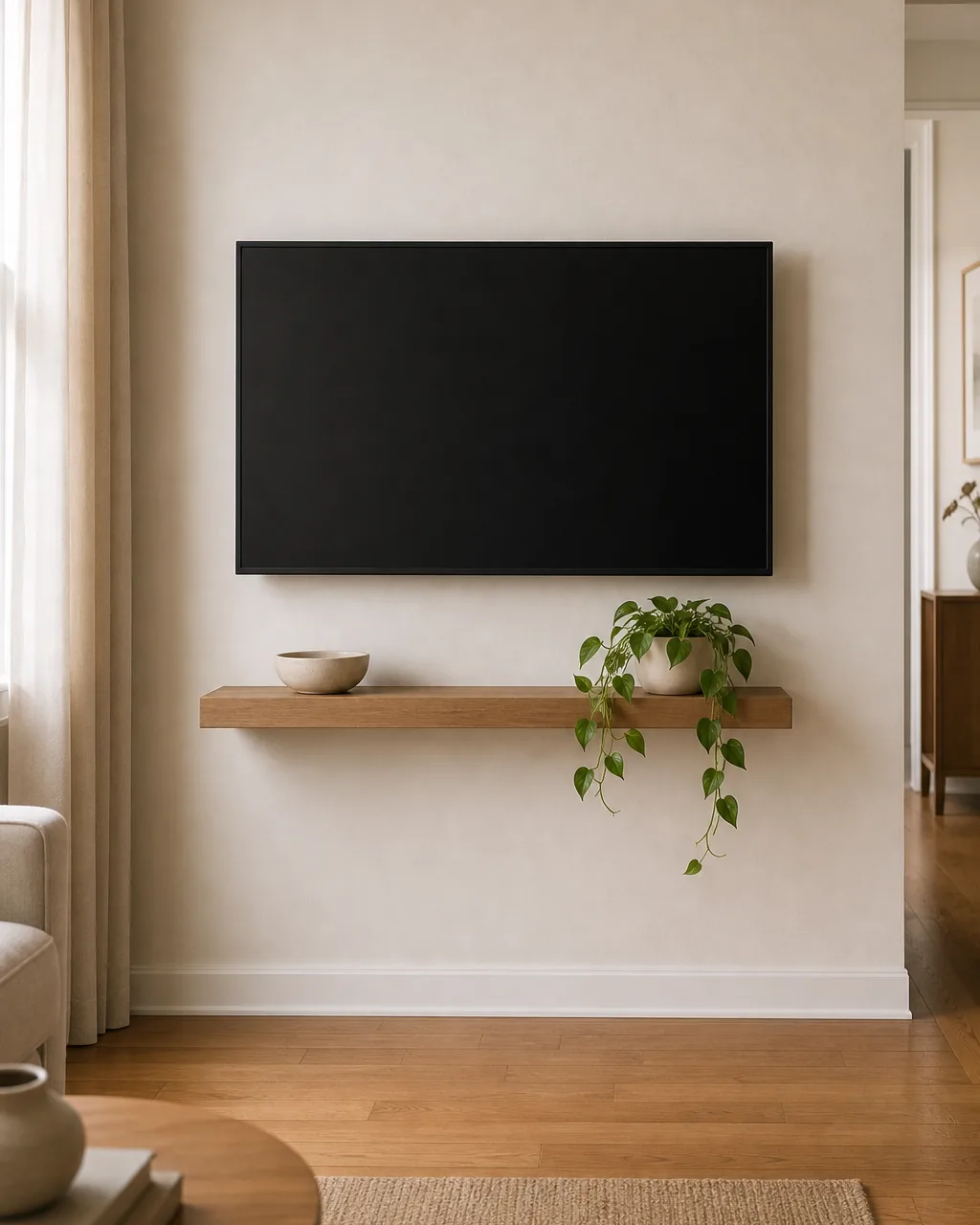 A direct front view of a warm-white wall in a small apartment living room with a plain matte-black thin-rectangle TV mounted flush on the wall clearly no console below it on the floor and a single slim warm-oak floating shelf mounted about 8 inches below the TV holding only a small ceramic bowl and a single trailing plant the visible no-console-on-floor strategy obvious the warm-oak floor below completely empty and visible