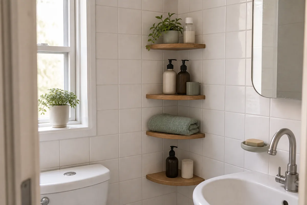 Quarter-round corner shelves stacked up the corner where two tiled walls meet in a tiny bathroom, a slim triangle of storage that does not jut out