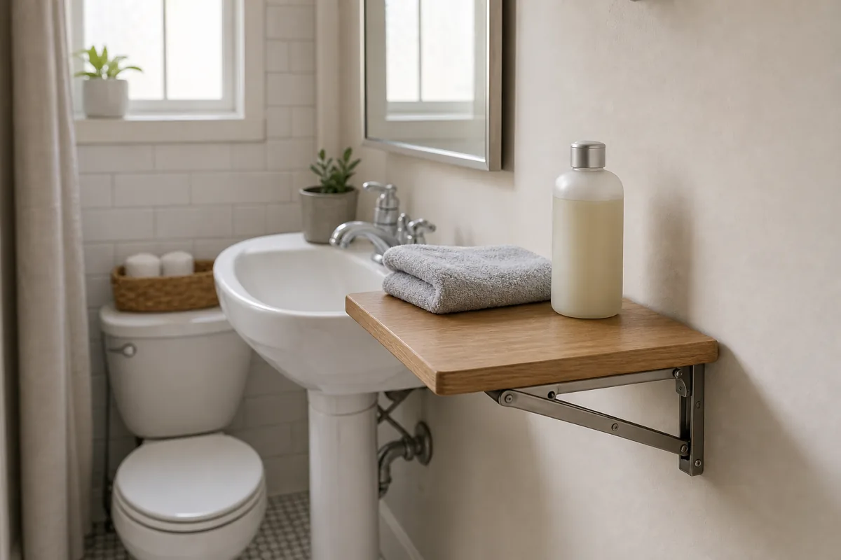 A wall-mounted fold-down drop-leaf shelf shown open beside the sink in a tiny bathroom, holding a folded towel and a bottle, the hinge bracket visible, ready to fold flat