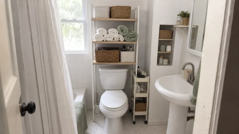 A genuinely tiny bathroom with smart vertical storage: a freestanding over-the-toilet etagere holding towels and woven baskets, a slim shelf unit on the side wall, and a pedestal sink, soft daylight