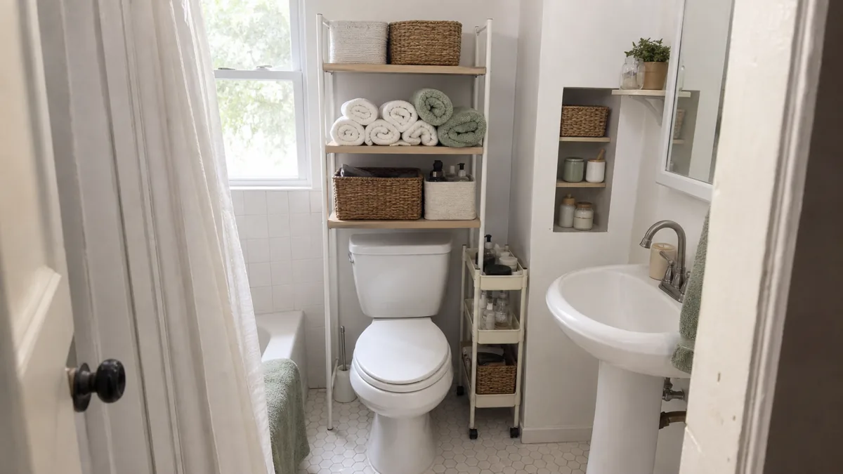 A genuinely tiny bathroom with smart vertical storage: a freestanding over-the-toilet etagere holding towels and woven baskets, a slim shelf unit on the side wall, and a pedestal sink, soft daylight