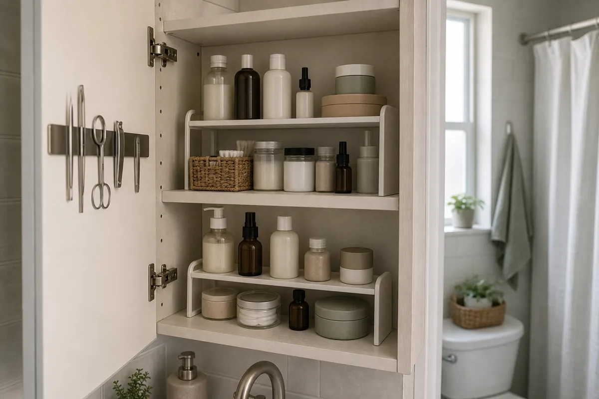 An open medicine cabinet in a tiny bathroom with small two-tier risers splitting each shelf and a magnetic strip inside holding metal grooming tools, using the full depth