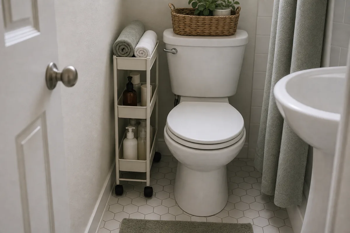A very narrow rolling cart tucked into the slim gap between the toilet and the wall in a tiny bathroom, three tiers holding towels and plain bottles, on small wheels