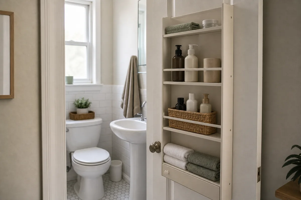 A slim shelf rack mounted on the back of a tiny bathroom door, holding bottles, a basket, and folded towels on open shelves, the toilet and pedestal sink visible through the doorway