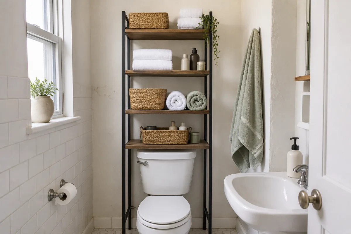 A freestanding four-shelf etagere standing on the floor over the toilet tank in a tiny bathroom, holding rolled towels and woven baskets, claiming the empty wall above