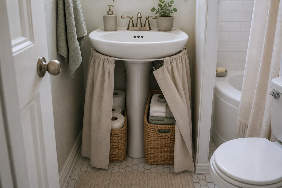 A pedestal sink in a tiny bathroom wrapped with a soft linen skirt on a tension wire, hiding two natural baskets of backups in the open space below